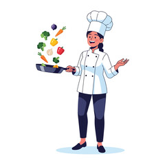 Culinary Symphony: A culinary artist, clad in a crisp chef's attire, orchestrates a vibrant composition with a skillet full of fresh vegetables, bringing culinary creativity to life.