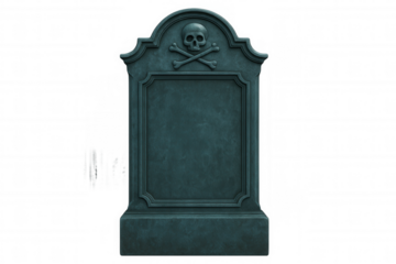 Weathered tombstone bearing skull and crossbones, empty space for personalized text, transparent background ready for spooky graphic design