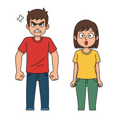 Confrontation & Surprise: A man's anger flares, contrasting with a woman's wide-eyed shock. Their emotions create a tense scene. 