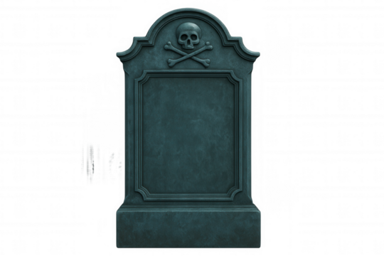 Weathered tombstone bearing skull and crossbones, empty space for personalized text, transparent background ready for spooky graphic design