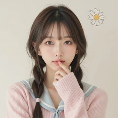 人差し指を唇に当て不思議な顔をする女性