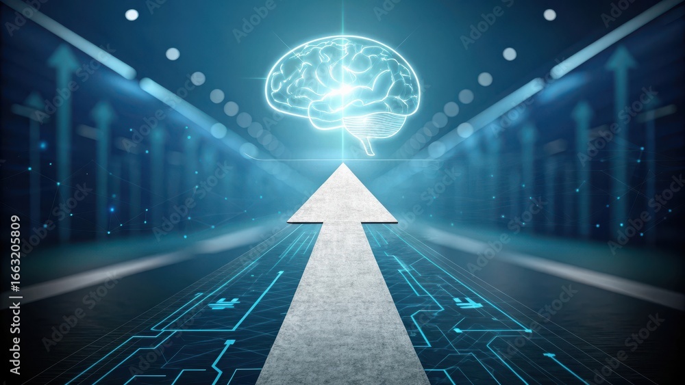 Aufkleber futuristic digital highway leading to a glowing artificial intelligence brain in a high tech server 