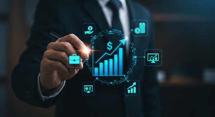 Financial Growth: An image of a person in business attire with a pen in hand, drawing a financial growth graph, with financial icons floating around.
