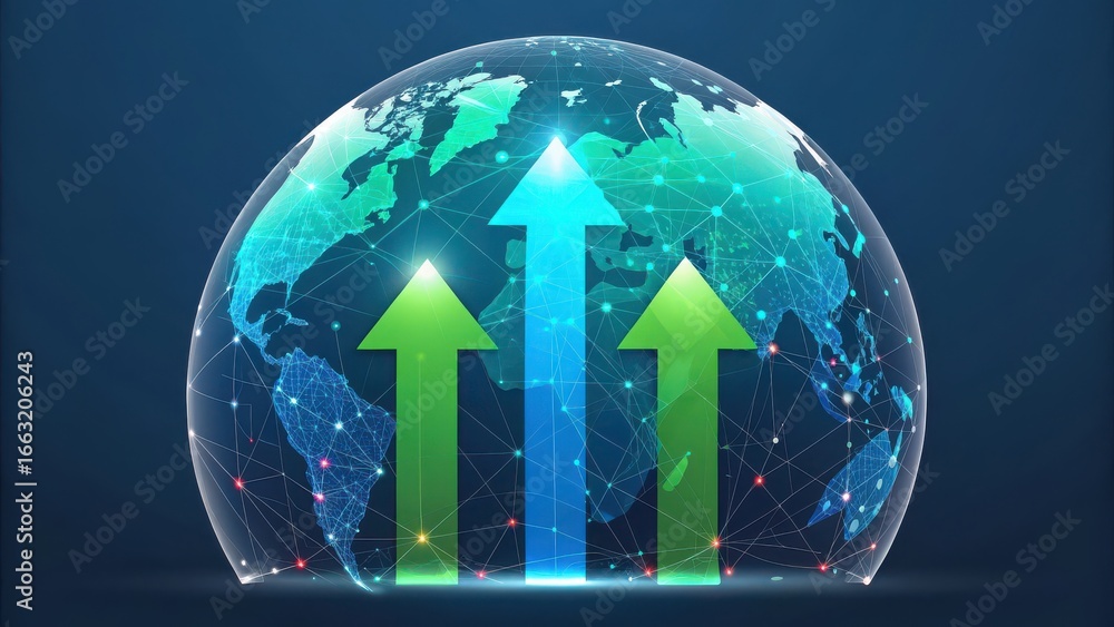 Poster three glowing arrows pointing upwards from a digital globe symbolizing global growth and technologic