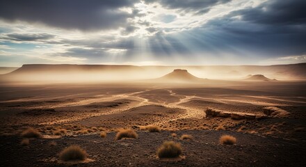 Sunlight streams through clouds over vast desert landscape with mesas and sparse vegetation visible