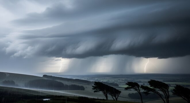 A landscape view of a stormy sky with rain and lightning over a field with trees in the foreground