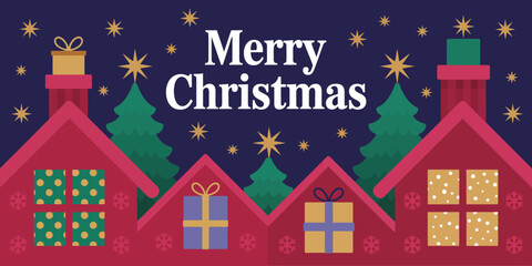 Obraz premium Merry christmas illustration with houses, trees, gifts and stars on a dark blue background design card