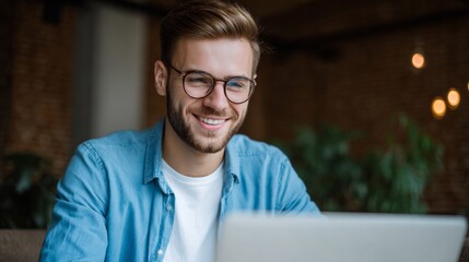 Fototapeta premium Man smiling while using laptop in cozy living room with plants and warm lighting