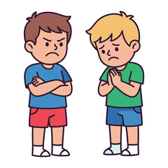 Conflict Resolution Illustration: A poignant illustration depicting the dynamics of a dispute between two children. One stands with arms crossed, expressing anger.