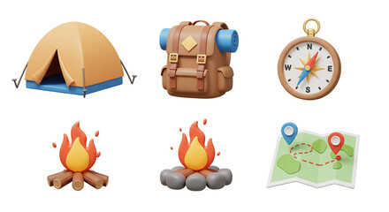 3D Camping and Adventure Icons: Set of a Tent, Backpack, Compass, Campfire, and Map for Outdoor and Nature-Themed Websites, Apps, and Marketing Materials