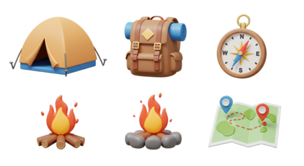 3D Camping and Adventure Icons: Set of a Tent, Backpack, Compass, Campfire, and Map for Outdoor and Nature-Themed Websites, Apps, and Marketing Materials
