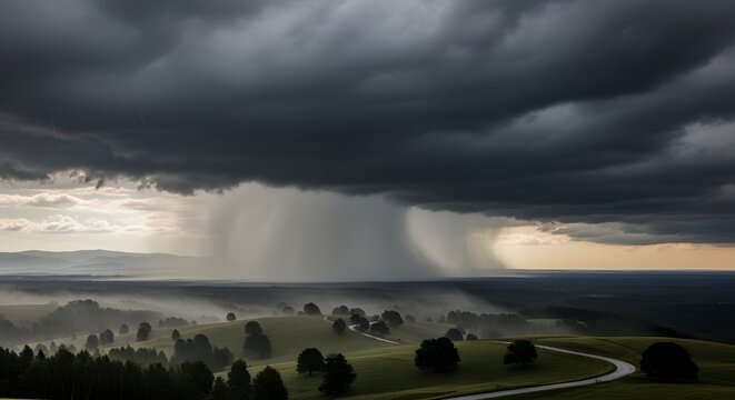 A landscape view of a storm with dark clouds and rain over rolling hills and a winding road below