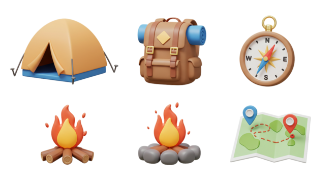 3D Camping and Adventure Icons: Set of a Tent, Backpack, Compass, Campfire, and Map for Outdoor and Nature-Themed Websites, Apps, and Marketing Materials