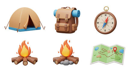 3D Camping and Hiking Icons: Set of a Tent, Backpack, Compass, Campfire, and Map for Outdoor Adventure, Travel, and Nature-Themed Designs