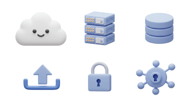 Cute 3D Cloud Computing and Data Icons: Set of a Cloud, Folder, Server, Database, and Padlock with Smiling Faces for a Playful Technology-Themed Design