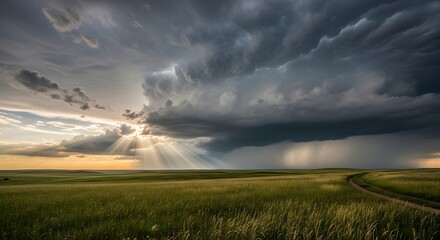 A dramatic sky over a grassy field with sun rays breaking through the storm clouds at the horizon line