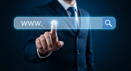 Businessman Using Virtual Search Bar and Internet Browsing Concept