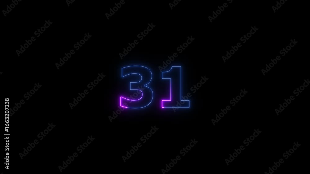 Poster glowing neon text 31 number countdown timer animation background. neon business number icon 4k video