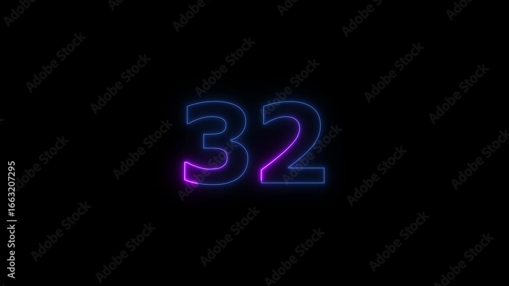 Poster glowing neon text 32 number countdown timer animation background. neon business number icon 4k video