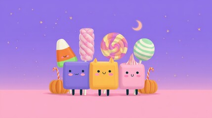 Candy sweets halloween treat flat design front view trick or treat theme animation colored pastel.