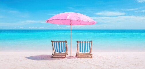 The beautiful beach scene with pink umbrella and striped chairs by the ocean.