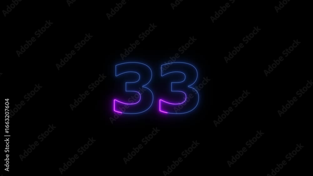 Poster glowing neon text 33 number countdown timer animation background. neon business number icon 4k video