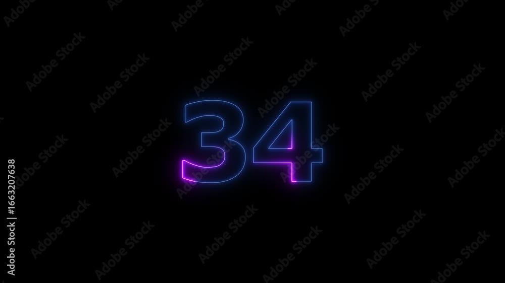 Poster glowing neon text 34 number countdown timer animation background. neon business number icon 4k video