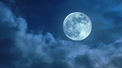 Glowing full moon illuminating a cloudy night sky