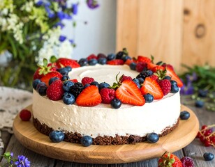 Fresh Fruit Cheesecake on Wooden Platter