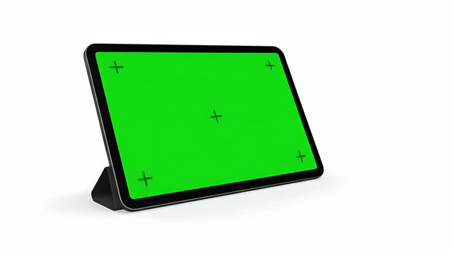 Modern Tablet Device with Chroma Key Green Screen Display and Tracking Markers on White Background, Ready for Digital Content Integration