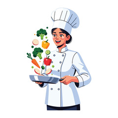Chef's Culinary Artistry: A female chef, adorned in a crisp white uniform and toque, prepares a vibrant dish with a flourish, showcasing fresh vegetables, highlighting her culinary expertise.