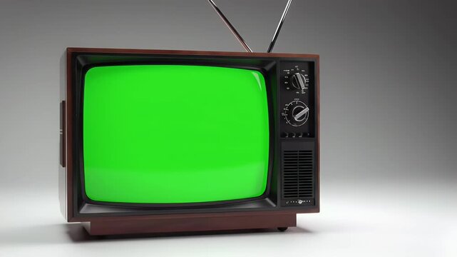 Vintage Wooden Television Set with Bright Green Screen for Chroma Key Compositing, Featuring Classic Dials and Rabbit Ear Antennas on a Clean Studi...