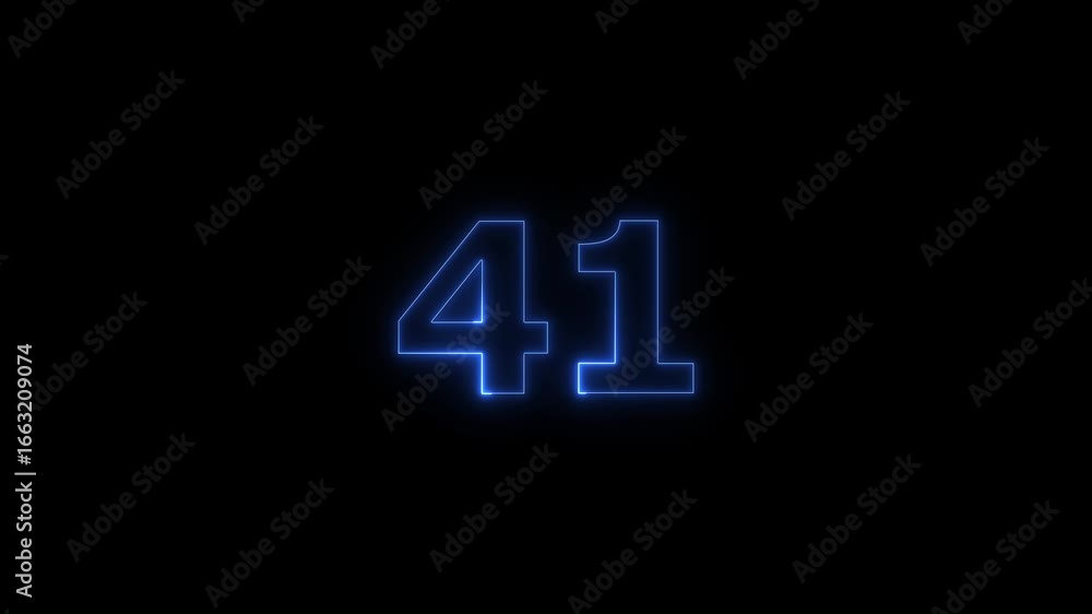Poster glowing neon text 41 number countdown timer animation background. neon business number icon 4k video