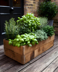 fresh herbs in a wooden box