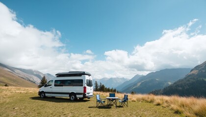 Scenic Van Camp Setup in Serene Mountain Landscape Under Clear Blue Skies