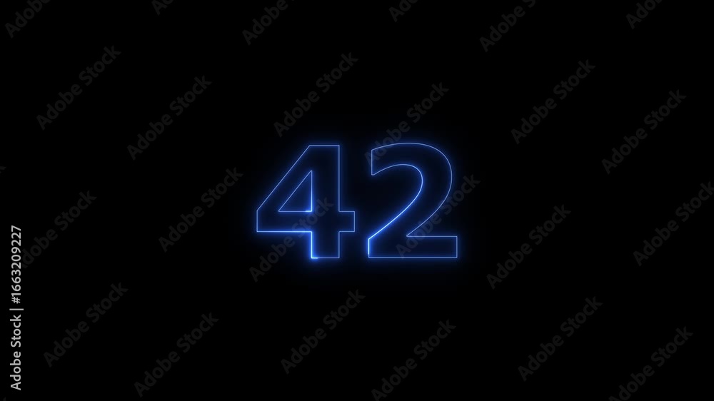 Poster glowing neon text 42 number countdown timer animation background. neon business number icon 4k video