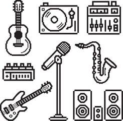 Fototapeta premium Audio & Music Pixel Art Icon Pack Acoustic Guitar, Turntable, Mixer, Saxophone, Microphone Stand, Bass Guitar, Studio Monitors