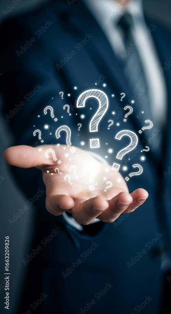 Poster close-up of hand holding glowing question marks, symbolizing uncertainty, inquiry, or problem-solvin