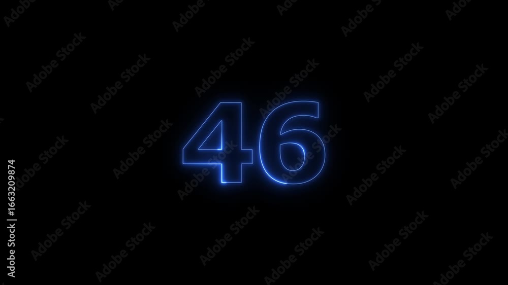 Poster glowing neon text 46 number countdown timer animation background. neon business number icon 4k video