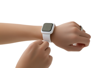 Modern smartwatch with white strap on wrist illustrating wearable technology advancements trend on transparent background