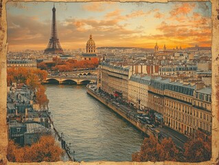 Timeless Parisian Autumn Glow: An Iconic Vintage Aerial View of the Eiffel Tower, Seine River, and Les Invalides Dome Bathed in Golden Sunset Light, Framed by a Distressed Border.