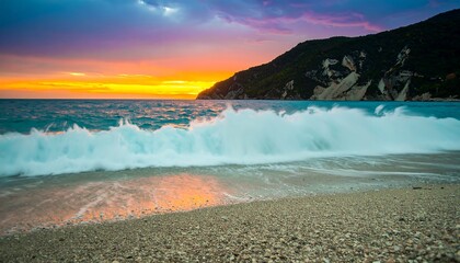 Coastal Sunset Wave Crashing Shore