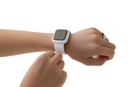 Modern smartwatch with white strap on wrist illustrating wearable technology advancements trend on transparent background