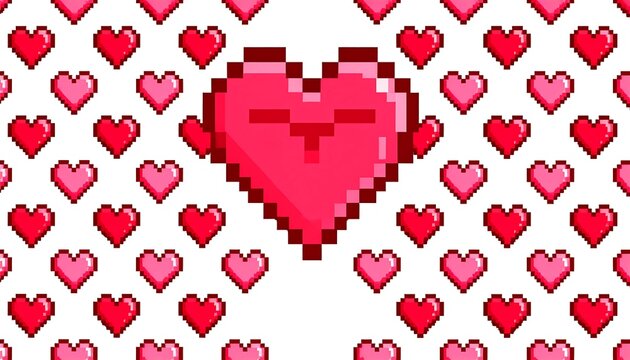 Pixelated heart graphic design against a backdrop of many hearts.