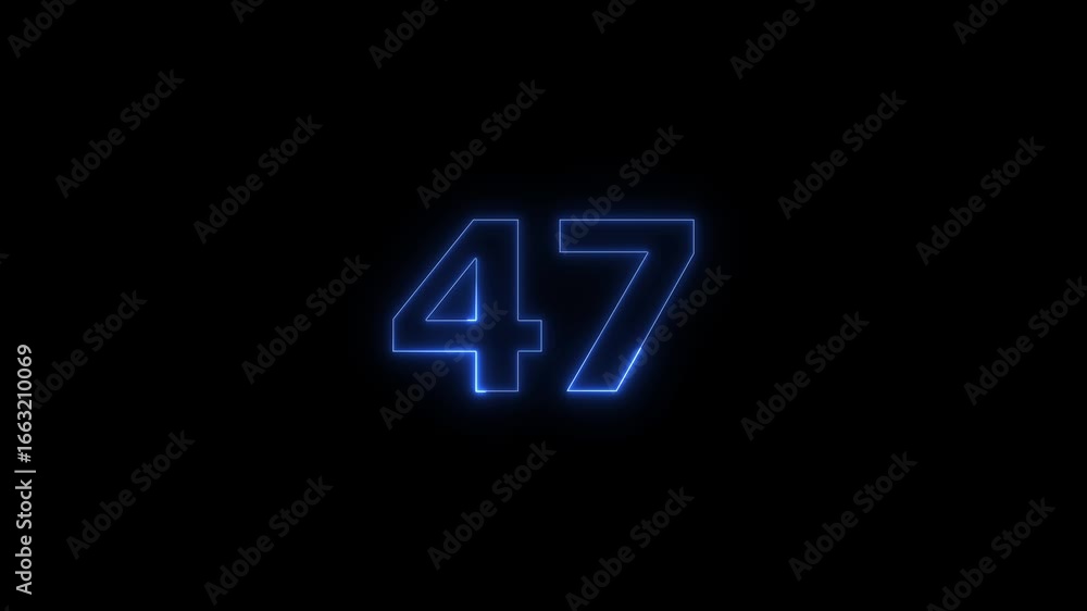 Poster glowing neon text 47 number countdown timer animation background. neon business number icon 4k video