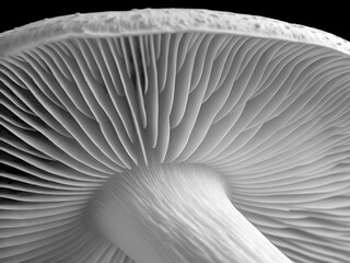 Macro photograph of an isolated white edible mushroom on a black background, capturing its natural texture and organic detail