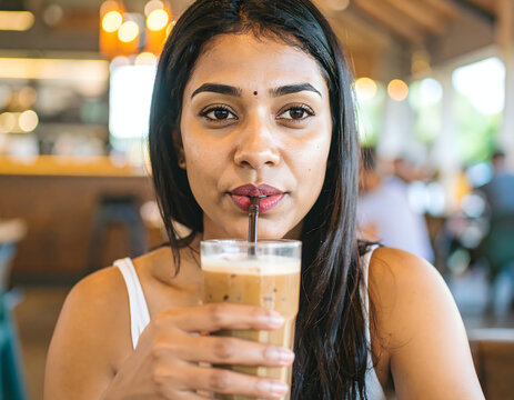 Young Woman Drinking Refreshing Juice in a Sunny Cafe