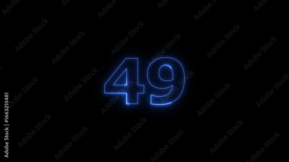 Poster glowing neon text 49 number countdown timer animation background. neon business number icon 4k video