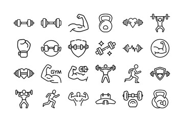 Gym Logo Icon Set. Dumbbell, Weightlifting, Kettlebell, Exercise, Fitness, Bodybuilding, Workout, Strength, Muscle, Cardio, Gym, Fitness Icon, Healthy Lifestyle, and More. Editable Stroke.