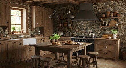 Rustic kitchen with stone wall and wooden cabinets for country home designs